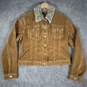Vtg Levis Jacket Misses M Golden Brown Corduroy Type 3 Trucker Faux Fur Collar